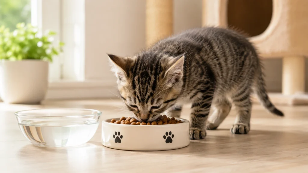 Eight-week-old kitten eating a balanced meal with fresh drinking water nearby
