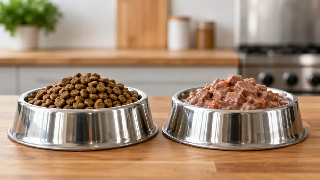 Wet dog food compared with dry kibble