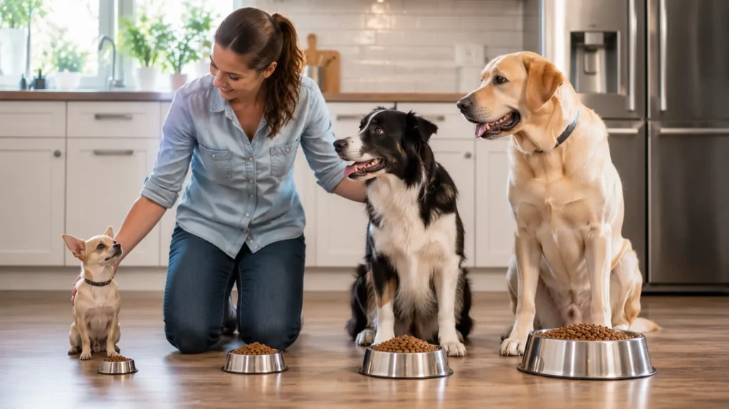 Different dog breeds with appropriately sized meals illustrating factors that affect feeding schedules