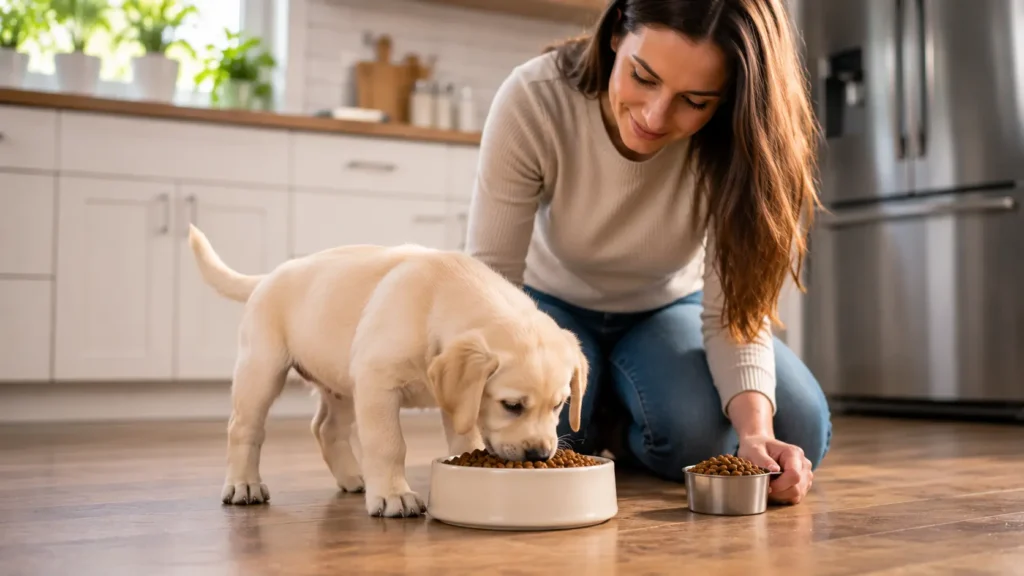 Eight-week-old puppy eating a balanced meal according to a healthy feeding schedule