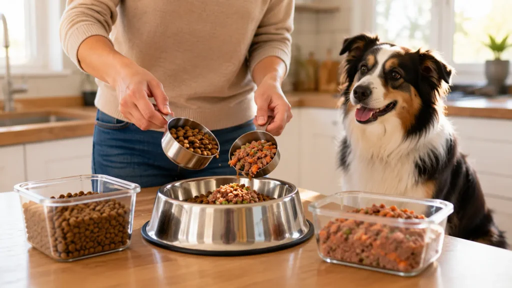 Pet owner gradually transitioning a dog to new food by mixing old and new dog food in the correct proportions.