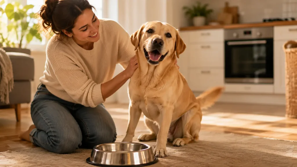 Happy dog after enjoying a healthy balanced meal