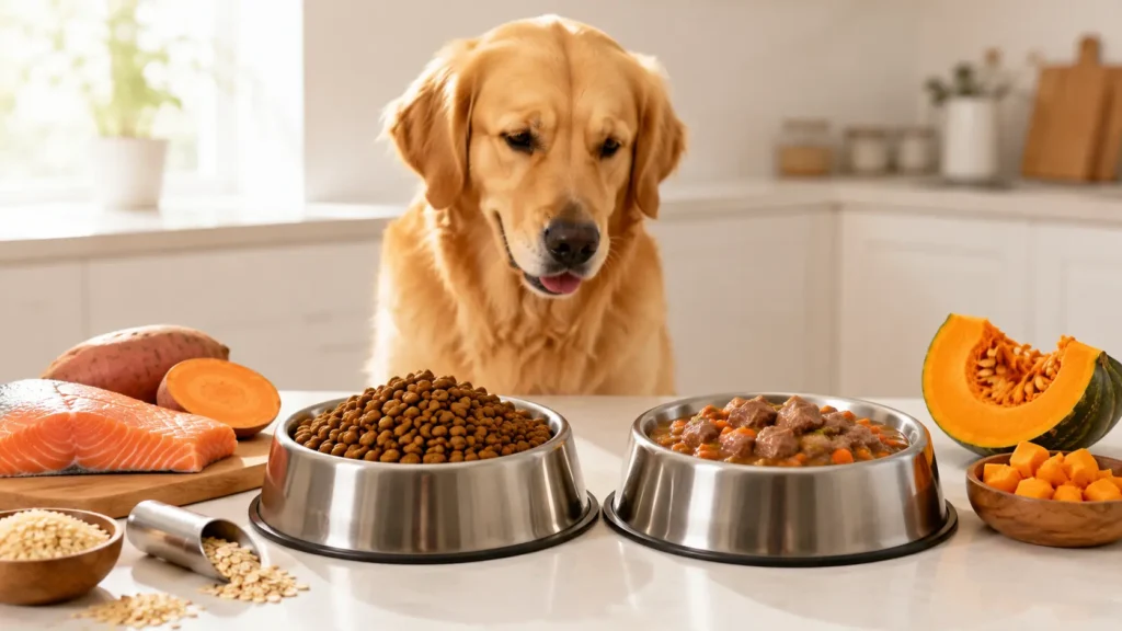 Side-by-side comparison of dry and wet dog food for dogs with sensitive stomachs