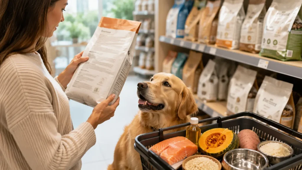 Dog owner reading a dog food ingredient label before choosing food for a sensitive stomach.