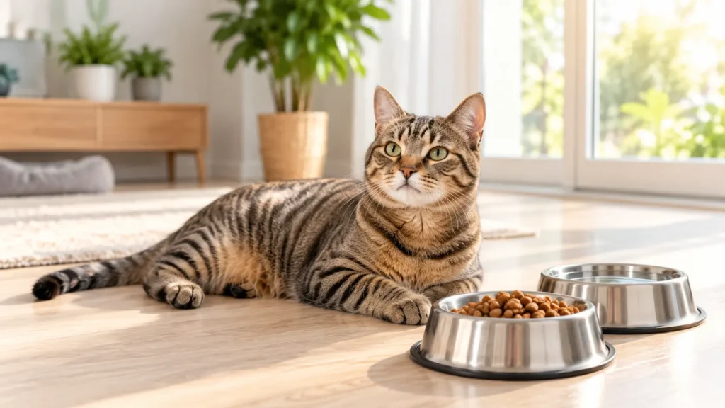 Indoor cat enjoying a nutritious meal in a modern home