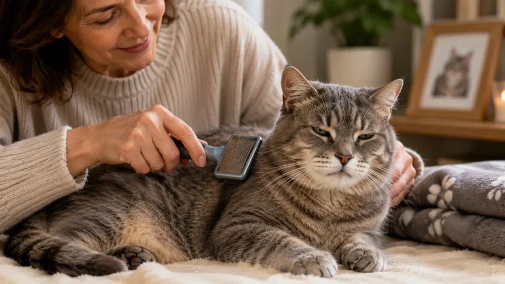 Senior cat receiving gentle brushing from its owner at home