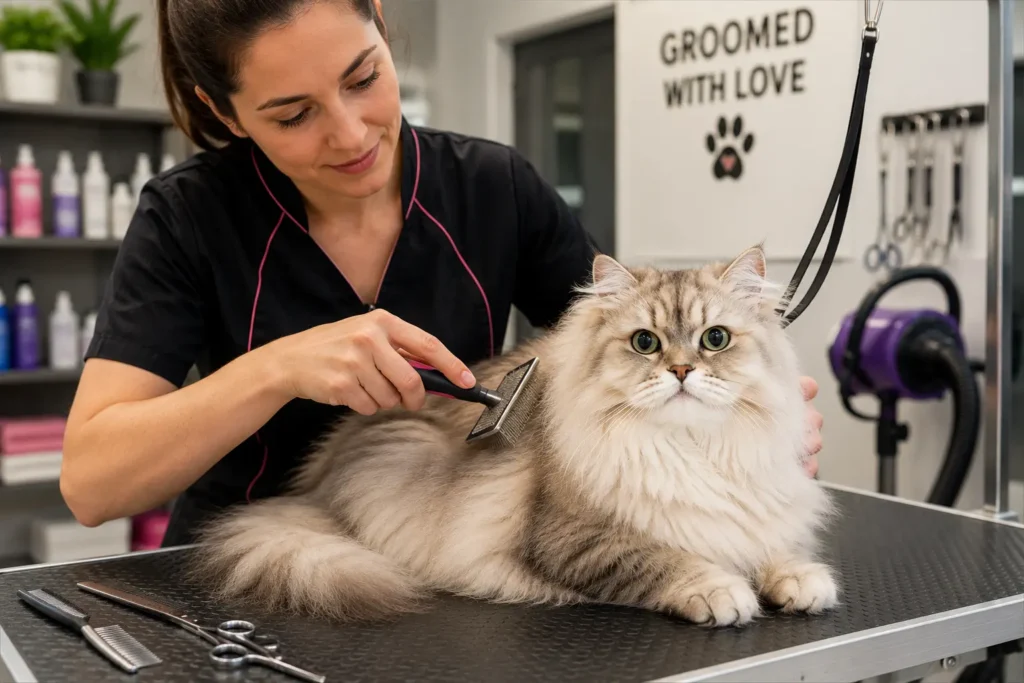 Professional groomer grooming a long-haired cat in a pet salon
