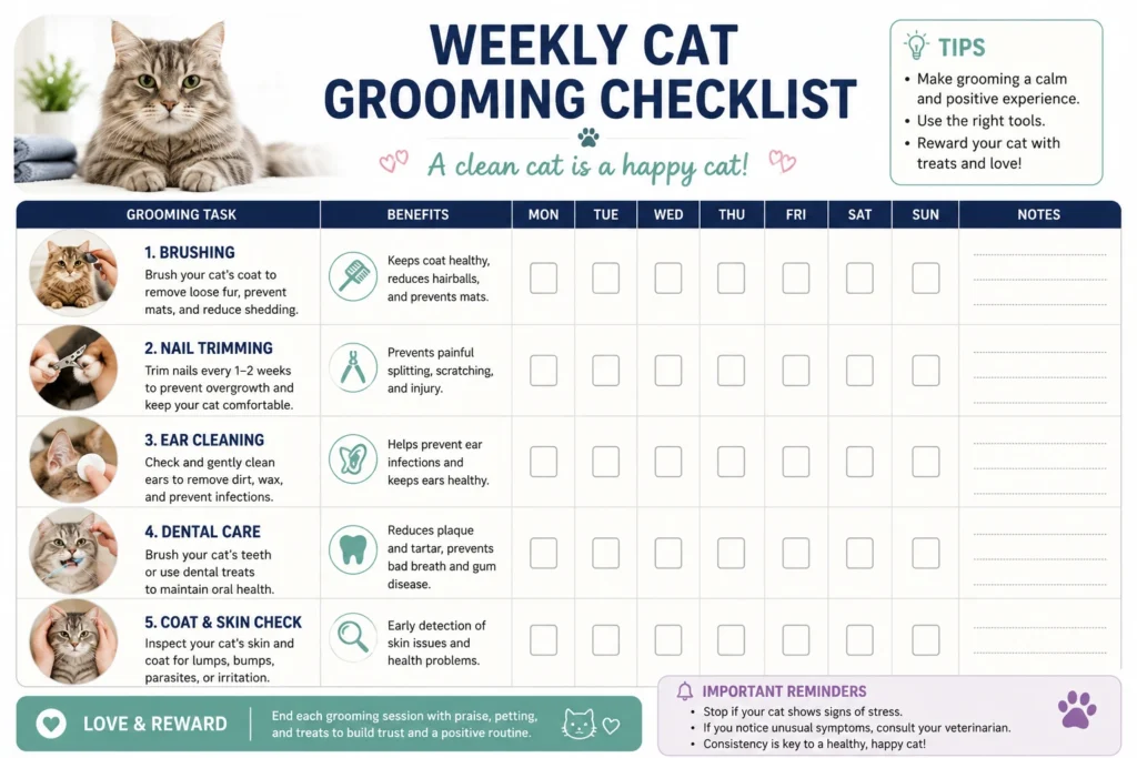Weekly cat grooming checklist including brushing, nail trimming, ear cleaning, and dental care