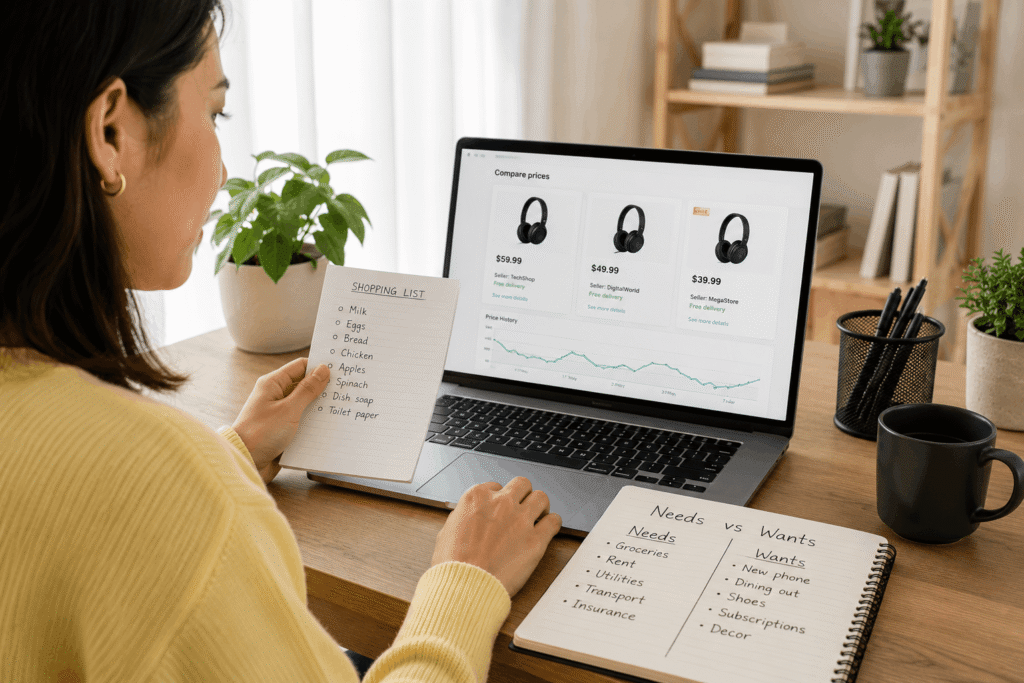 Comparing prices before making a purchase to avoid impulse spending.