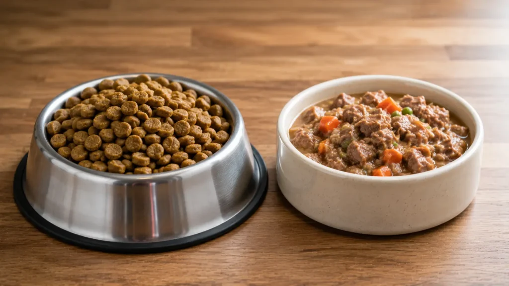 Comparison of dry kibble and wet dog food for balanced canine nutrition.