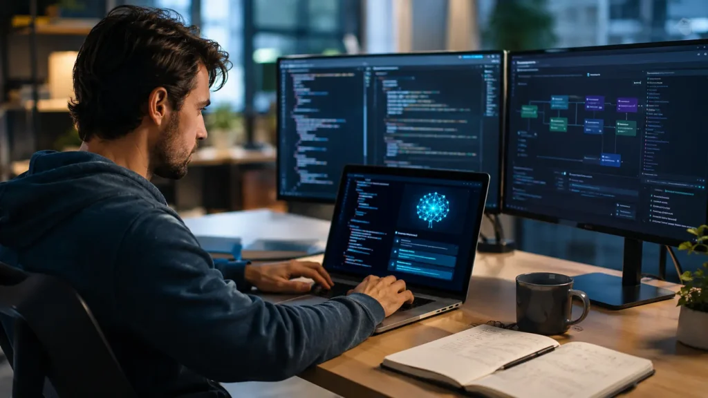 Developer using an AI assistant to learn programming and debug code