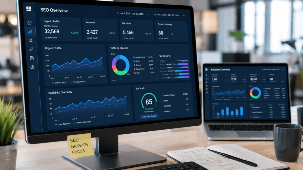 Digital marketing and SEO analytics dashboard on a computer screen