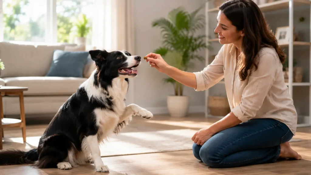 Dog receiving a healthy training treat as part of a balanced diet
