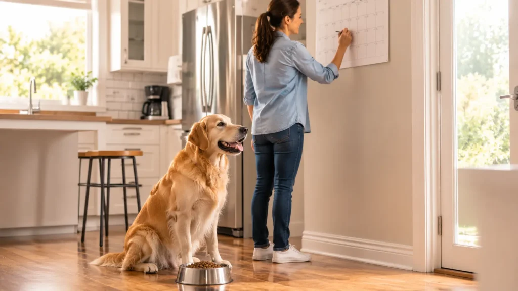 Dog waiting calmly for a scheduled meal in a consistent feeding routine
