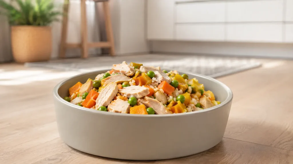 Fresh balanced dog food prepared with healthy ingredients