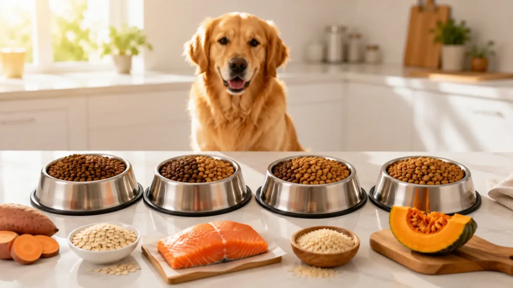 Gradual transition from old to new dog food using a seven-day feeding plan for dogs with sensitive stomachs.