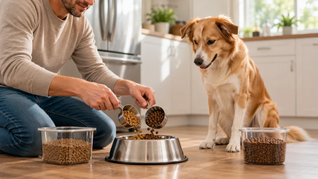 Gradually transitioning a dog to a new food by mixing old and new meals