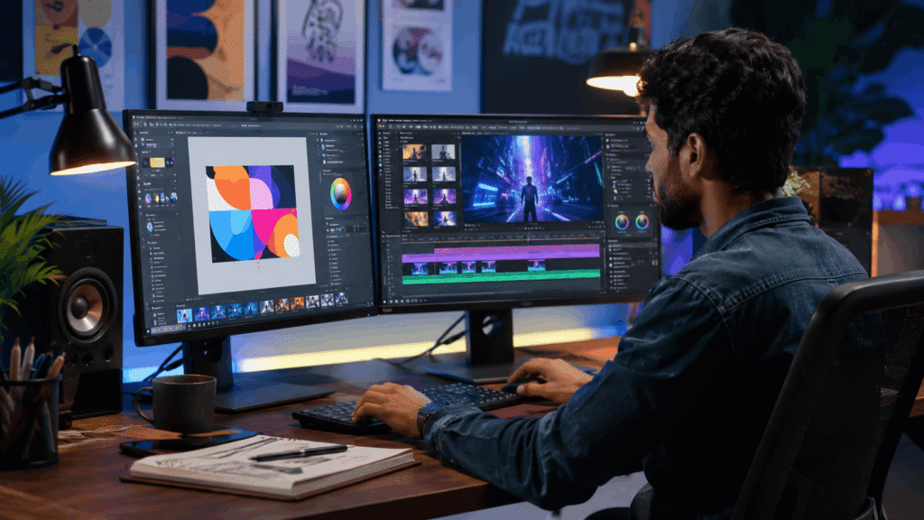 Graphic designer and video editor working on creative digital projects