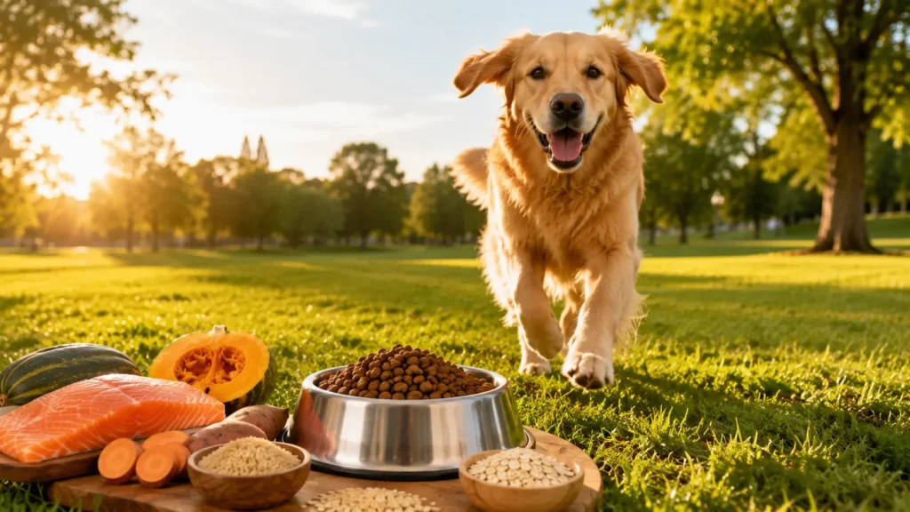 Healthy Golden Retriever enjoying an active life after eating a balanced diet for a sensitive stomach