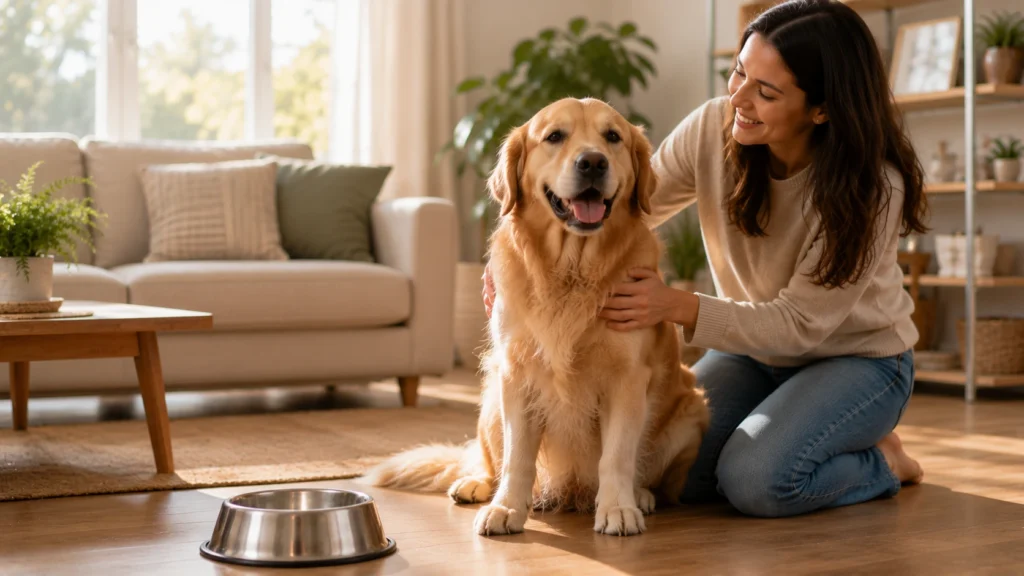 Healthy dog after enjoying a balanced meal as part of a consistent feeding schedule
