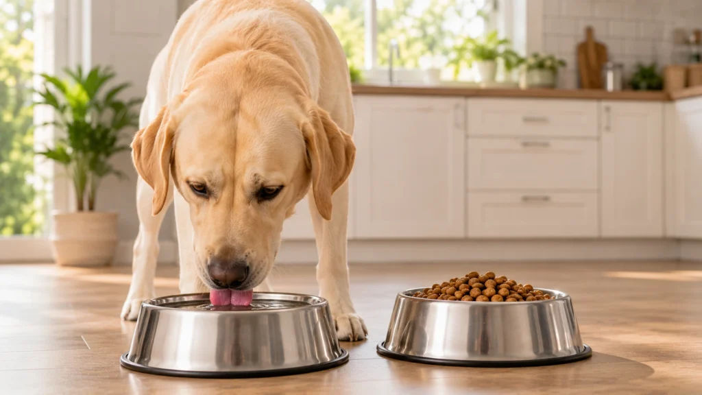 Healthy dog drinking fresh water alongside a balanced meal