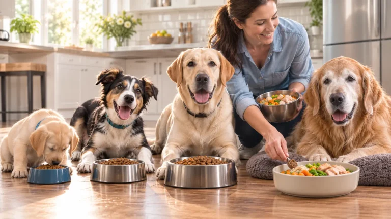 Healthy dogs of different ages sitting beside appropriate meals demonstrating a dog feeding schedule by age