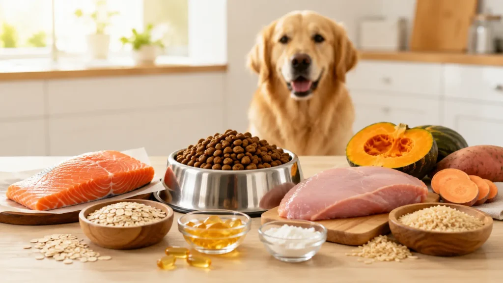 Healthy ingredients to look for in dog food for sensitive stomachs, including salmon, pumpkin, sweet potato, oatmeal, and probiotics.
