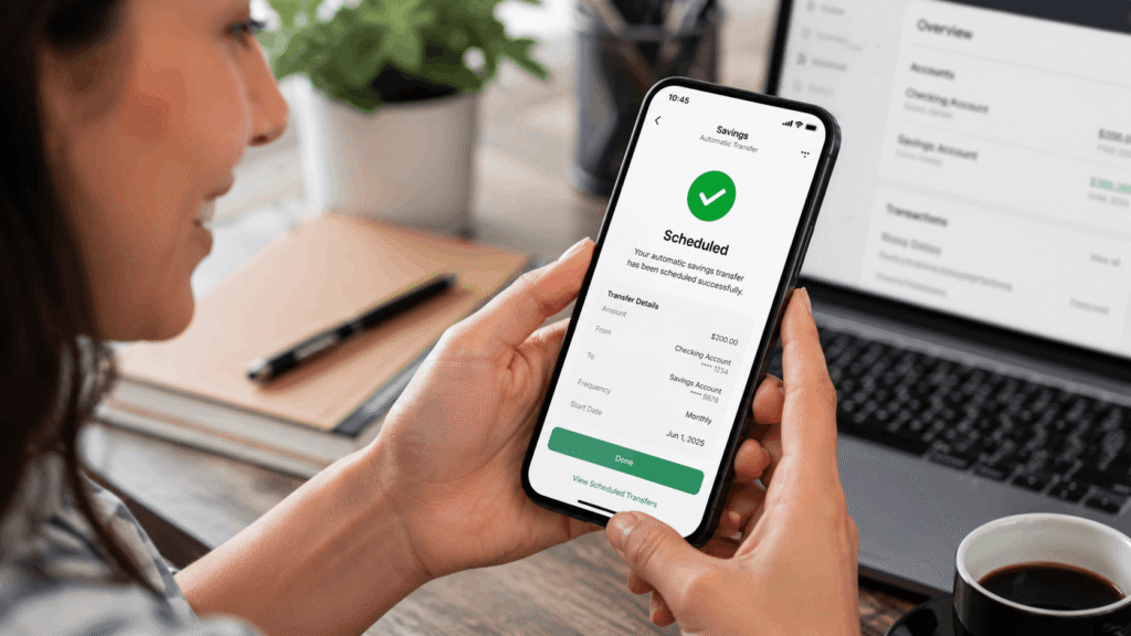 Mobile banking app displaying an automatic monthly savings transfer.