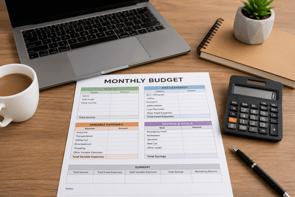 Monthly budget planner with income, expenses, and savings categories.