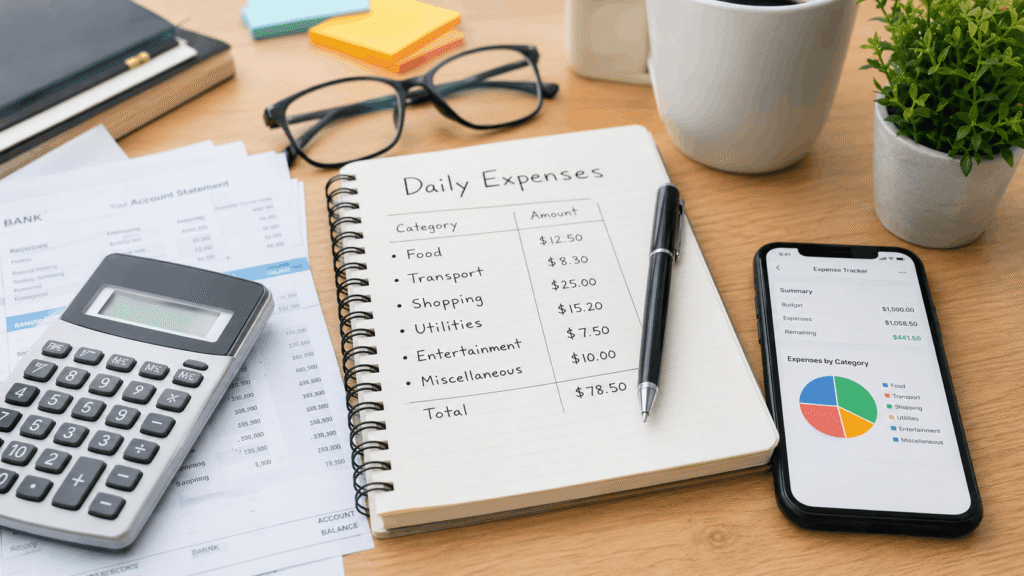 Notebook showing categorized daily expenses and monthly spending
