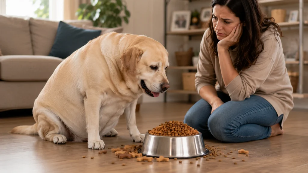 Overfeeding a dog with excessive treats illustrating a common feeding mistake