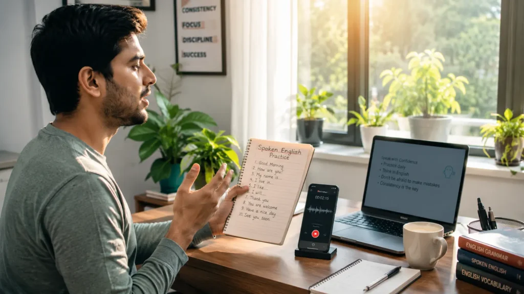 Person building a daily English speaking habit at home