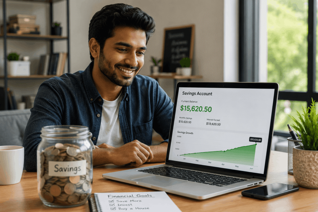 Person celebrating progress toward monthly savings goals