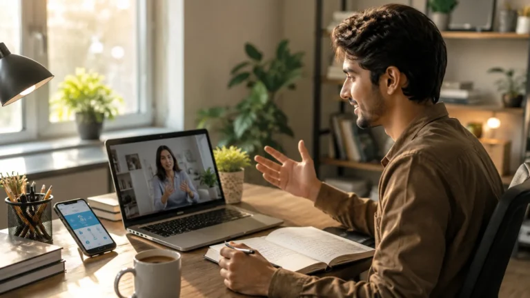 Person practicing English speaking skills at home using a laptop and notebook