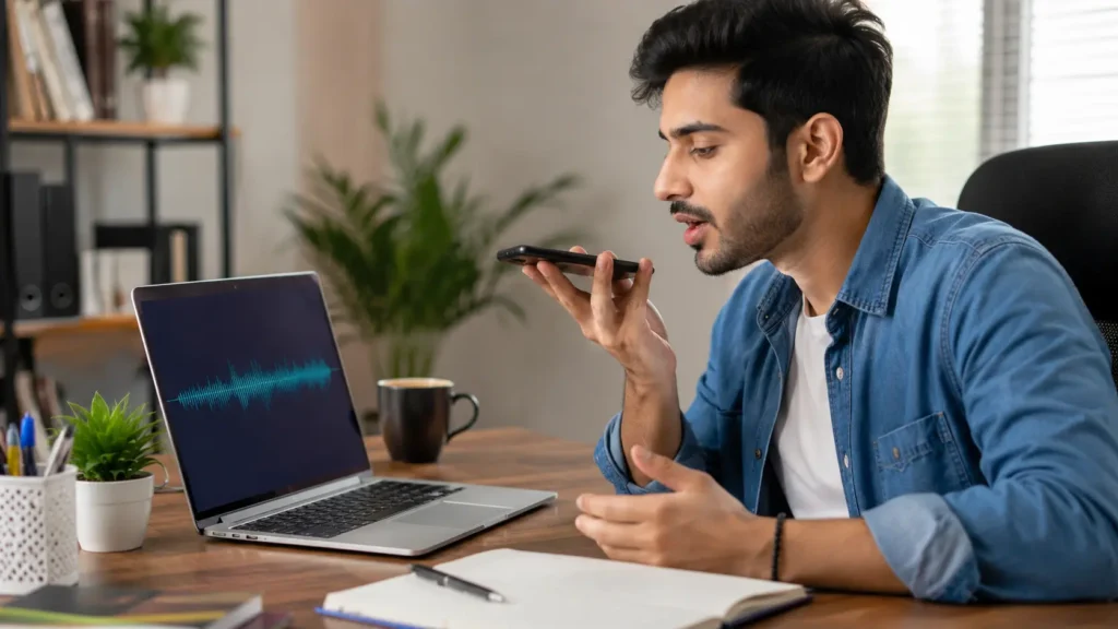 Person recording English pronunciation practice on a smartphone