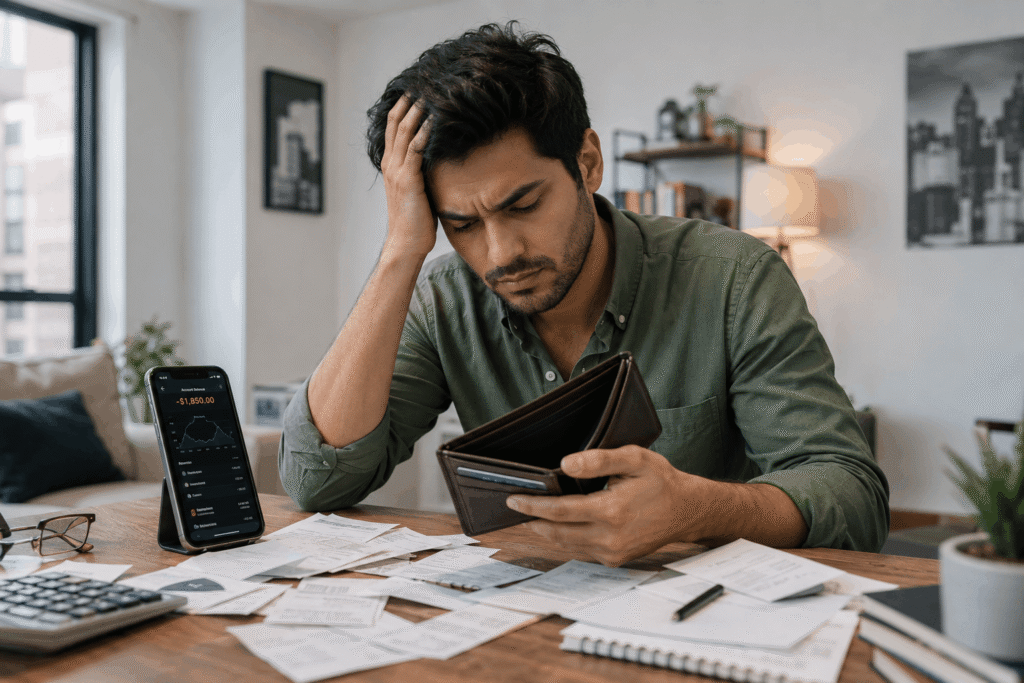 Person reviewing bills and wondering where their monthly income went.