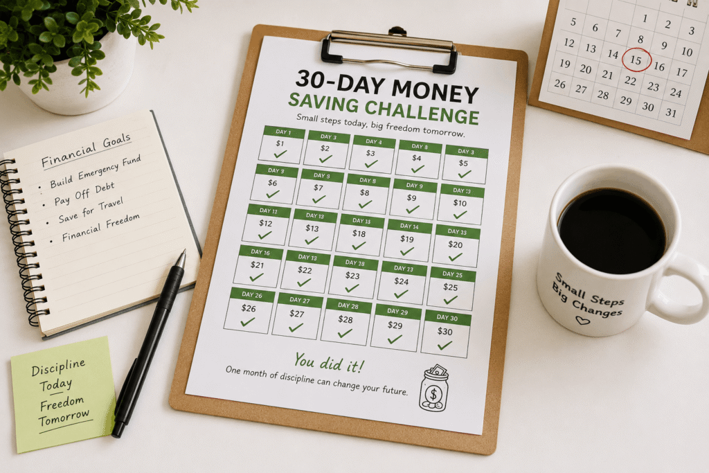 Printable 30-day money saving challenge checklist.