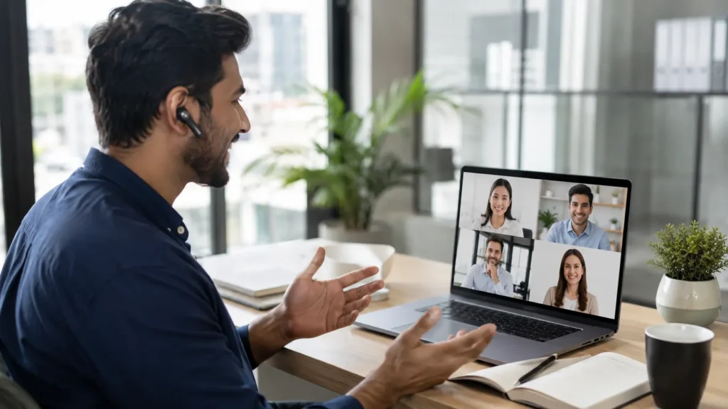 Professional using English confidently during an online meeting
