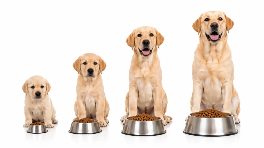 Puppy growth stages from 8 weeks to 12 months with age-appropriate meal sizes