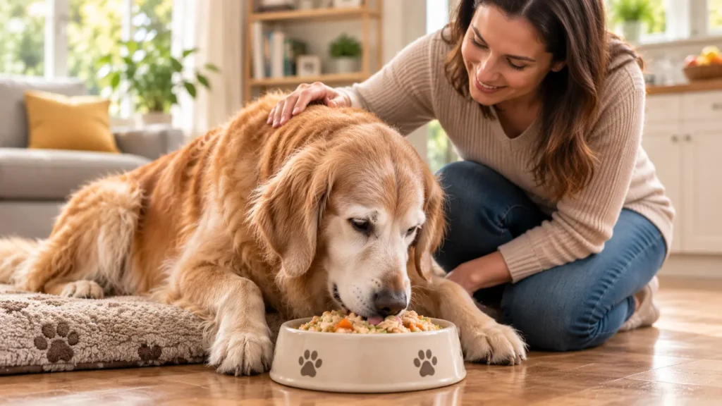 Senior dog enjoying a nutritious meal as part of a healthy feeding routine