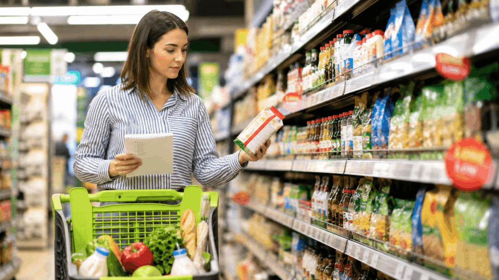 Shopper comparing grocery prices to reduce monthly expenses.