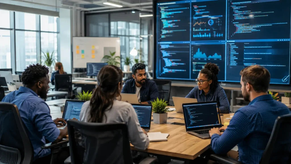 Software developers working together on programming projects