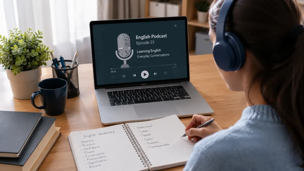 Student listening to an English podcast to improve speaking skills