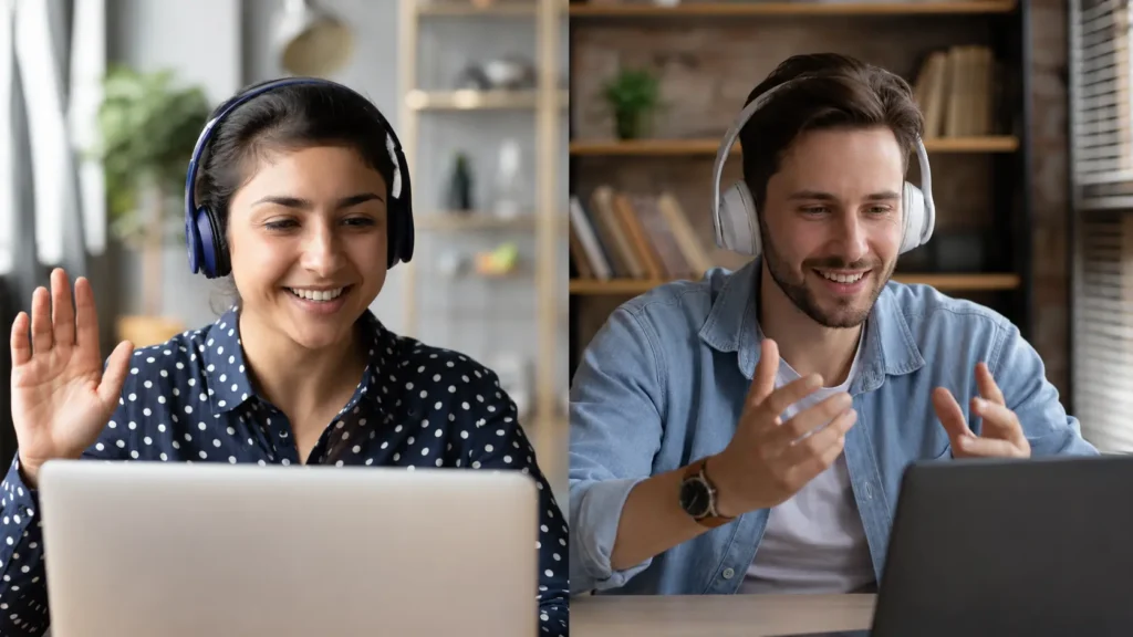 Two people practicing spoken English through an online conversation