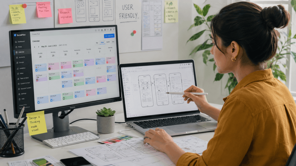 UI designer planning user experiences and managing social media content