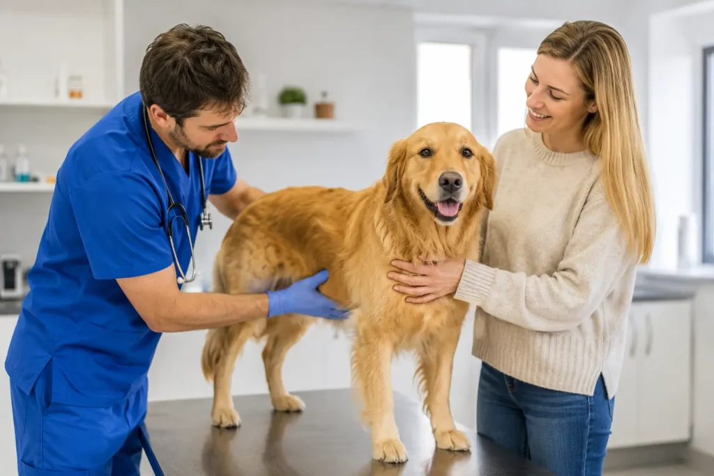 Veterinarian examining a dog with a sensitive stomach
