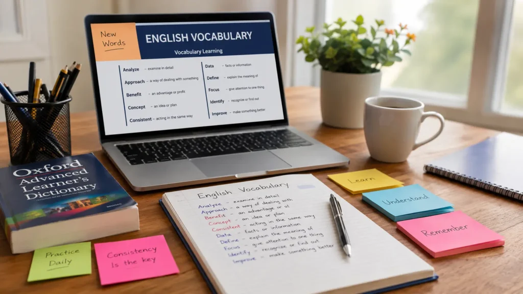 Vocabulary notebook and study materials for learning spoken English