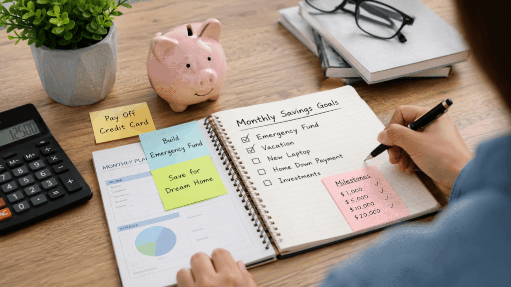 Writing realistic monthly savings goals in a budget planner. 