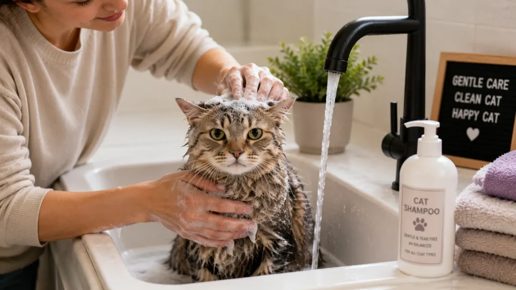 Owner giving a cat a gentle bath using cat-safe shampoo in a sink