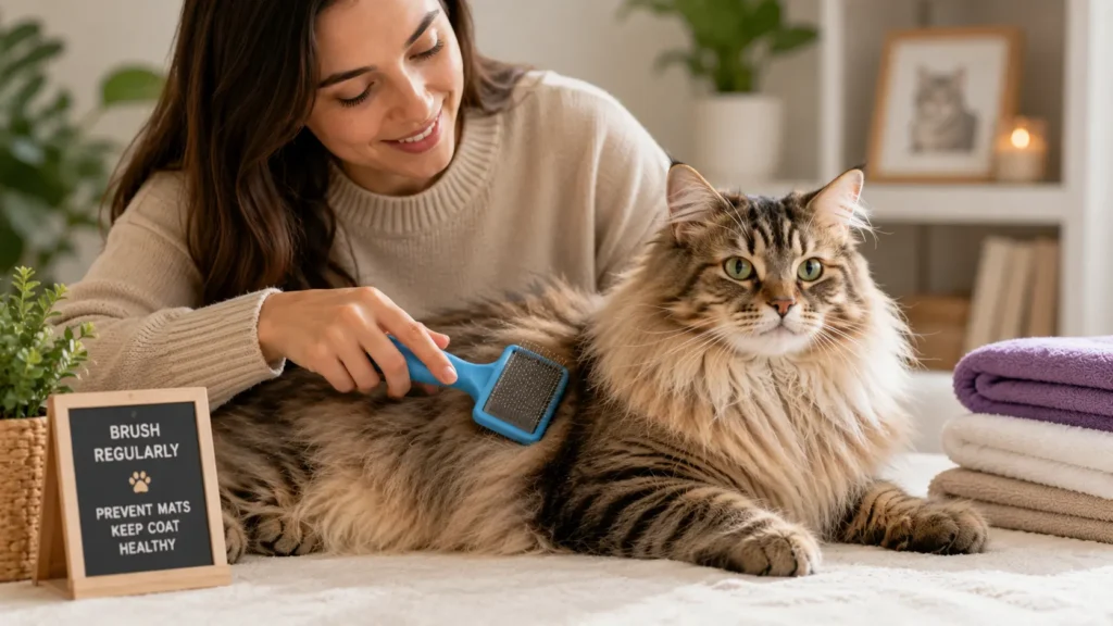 Owner brushing a long-haired cat using a slicker brush to prevent mats